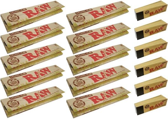 10  RAW Organic Kingsize Slim Rolling Papers Skin & 6 Raw Tips Roach Filter