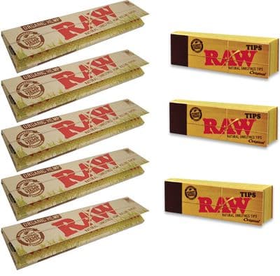 5 RAW Organic  Kingsize Slim Rolling Papers And 3 Raw Tips
