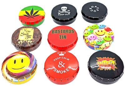 CLICK TINS CLACK TOBACCO STASH TINS METAL TINS POP UP COLORFUL DESIGNS TINS