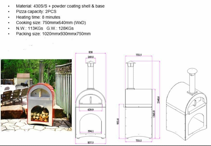 venice wood fired pizza oven in red with stainless steel chimney and body