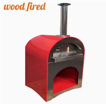 venice wood fired pizza oven in red with stainless steel chimney and body