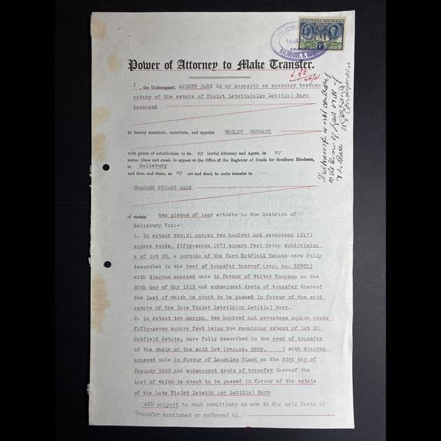 TUT4999 - Rhodesia - Power Attorney Transfer 1/- Gold Jubilee