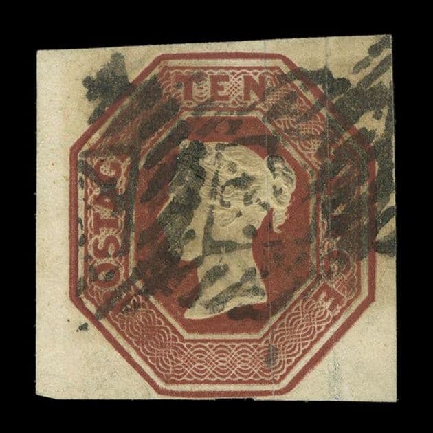 TUT5647 - GB QV Embossed 10d. Brown Fine U 4 Margins