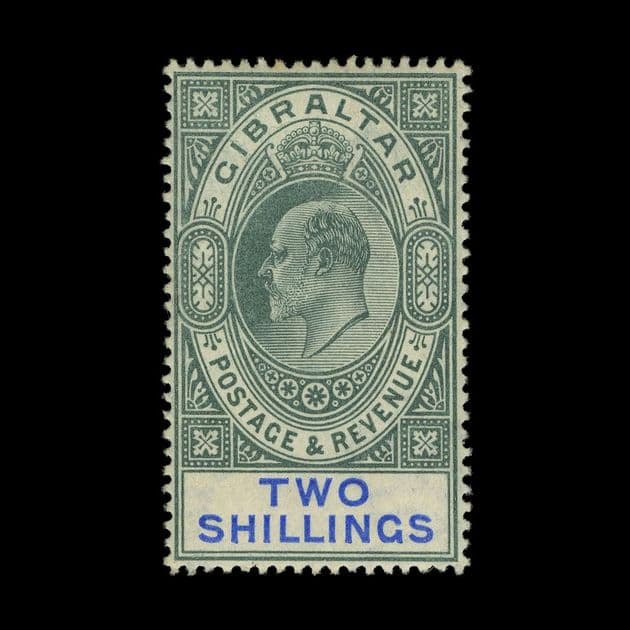 TUT5726 - Gibraltar KEVII 2/- Green & Blue Superb MLH O.G.