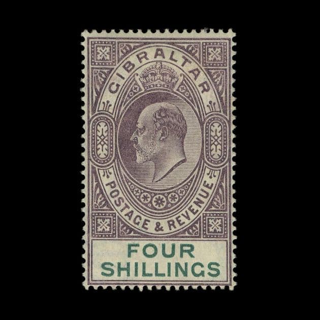 TUT5727 - Gibraltar KEVII 4/- Dull Purple & Green F-VFM O.G.