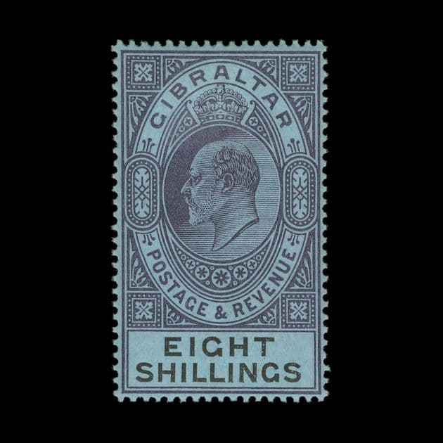 TUT5728 - Gibraltar KEVII 8/- Dull Purple & Black/Blue Super