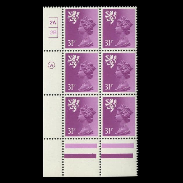 TUT5859 - GB QEII Scotland 31p. TII Cyl: 2A, 2B UM NH BL6