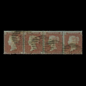 TUT6477 - GB QV 1d. Red-brown FU STRIP OF FOUR PL162