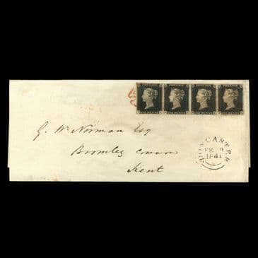 TUT6485 - GB QV 1d. Intense Black Strip of 4 on cover