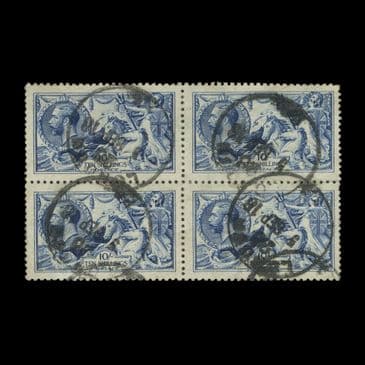 TUT6490 - GB KGV DLR 10/- Deep Blue Seahorse Rare Block 4