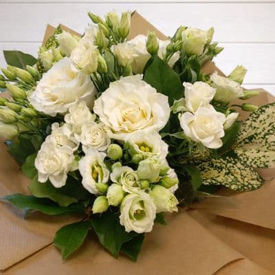 Pure white and green Hand Tied Bouquet with jug.