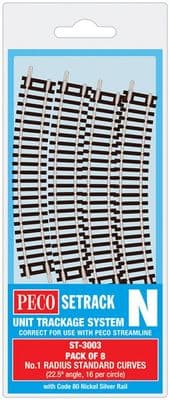 Peco ST-3003 Standard Curve, 1st Radius 228mm (Pack of 8  St-3)