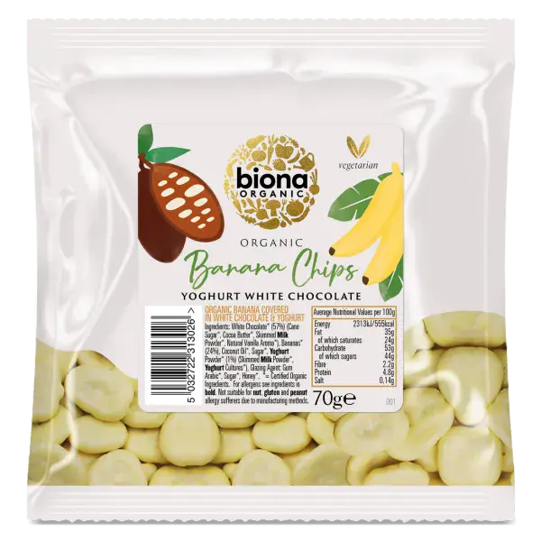 Biona Organic Yohurt/White Chocolate Coated Banana Chips 70g