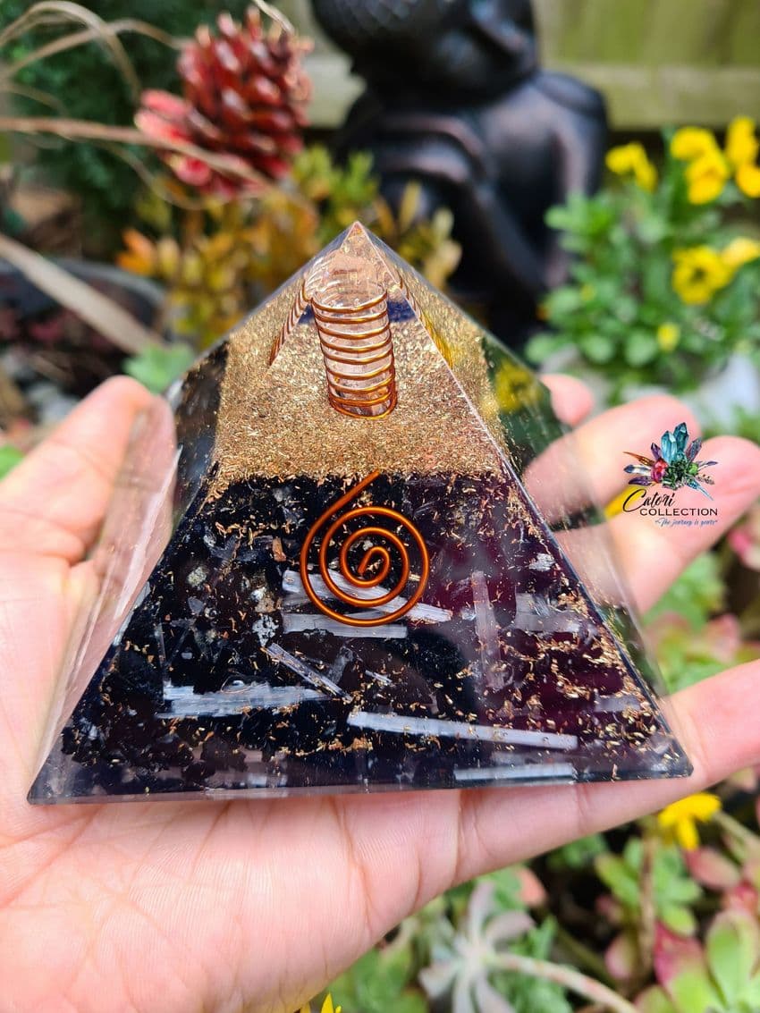 3 1/2 inch Black Tourmaline and Selenite Pyramid with Copper Coil  Wrapped Clear Quartz
