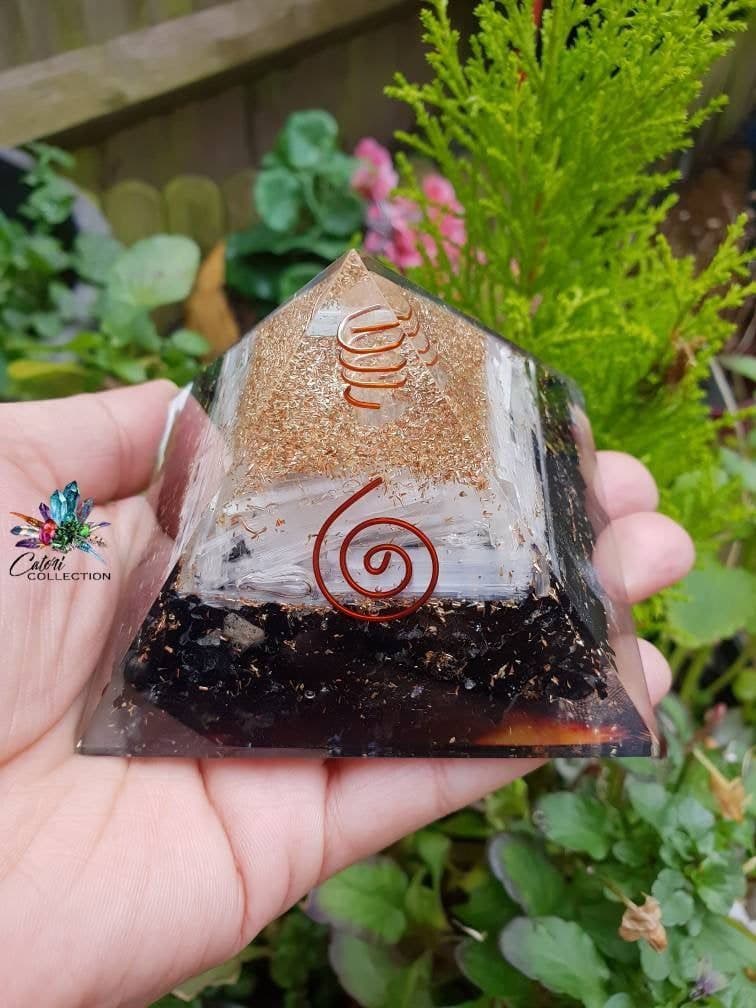 3 1/2 inch Black Tourmaline & Selenite Pyramid with Copper Shavings &Clear Quartz point