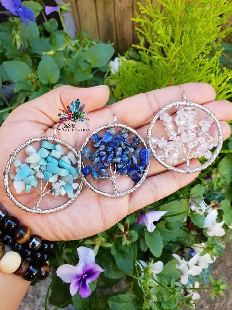 Amazonite, Lapis Lazuli and Clear Quartz Tree of Life Silver Wire Pendants