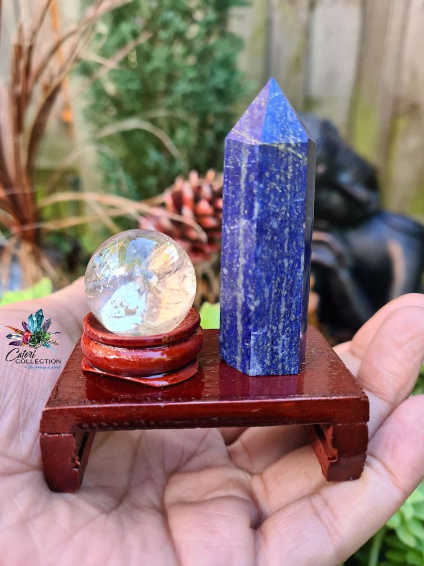 Clear Quartz Sphere and Lapis Lazuli Tower Point Set