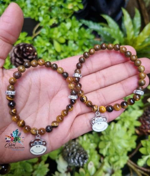 Kids Tiger Eye & Wood Bracelet with Monkey Charm