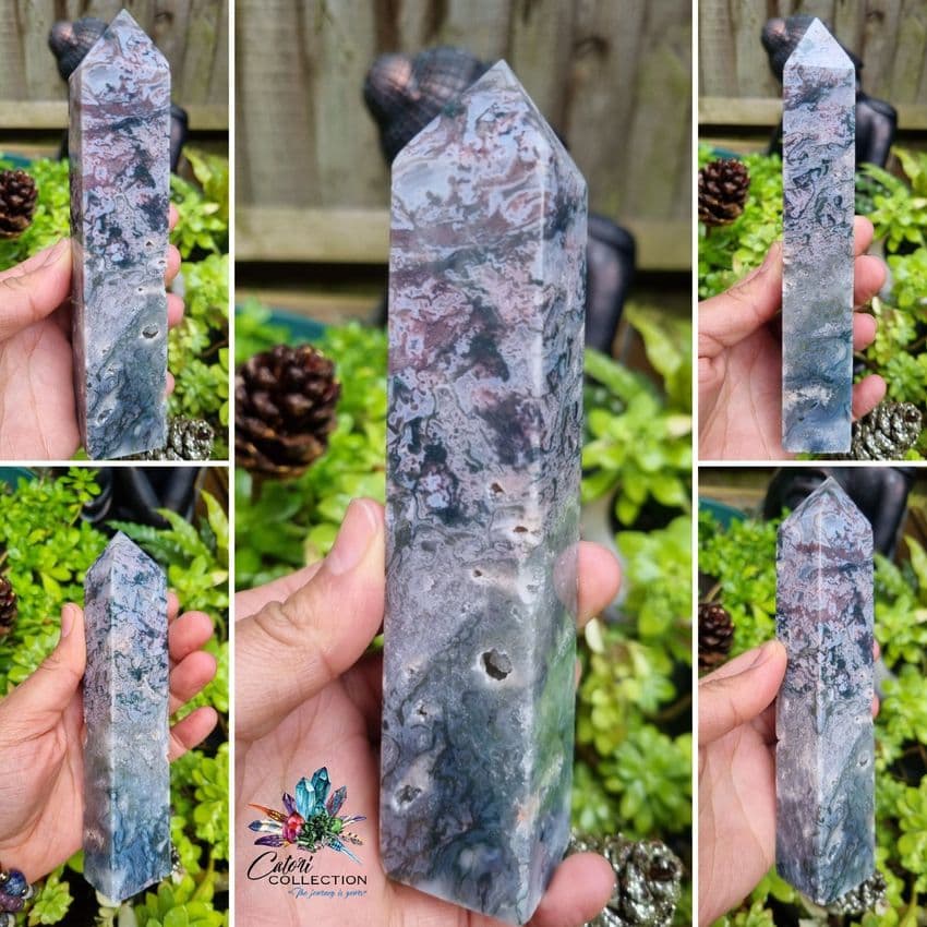 Pink Moss Agate Tower with Druzy (6.5 inches tall)
