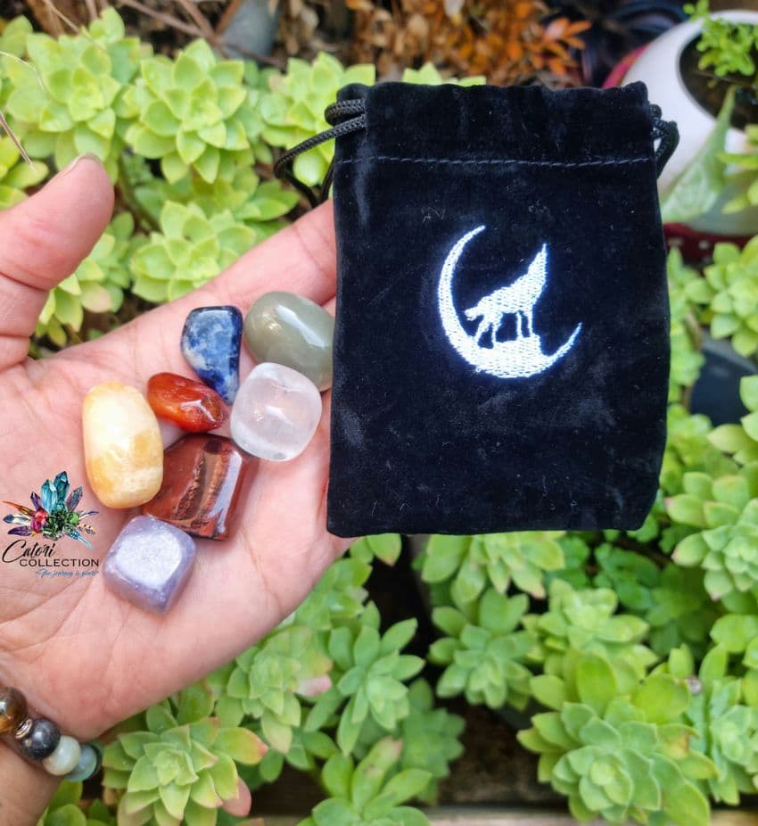 Wolf Velvet Pouch and Chakra Tumble Set
