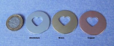 Washer with heart cutout metal stamping engraving blank - die cut - aluminium, brass or copper