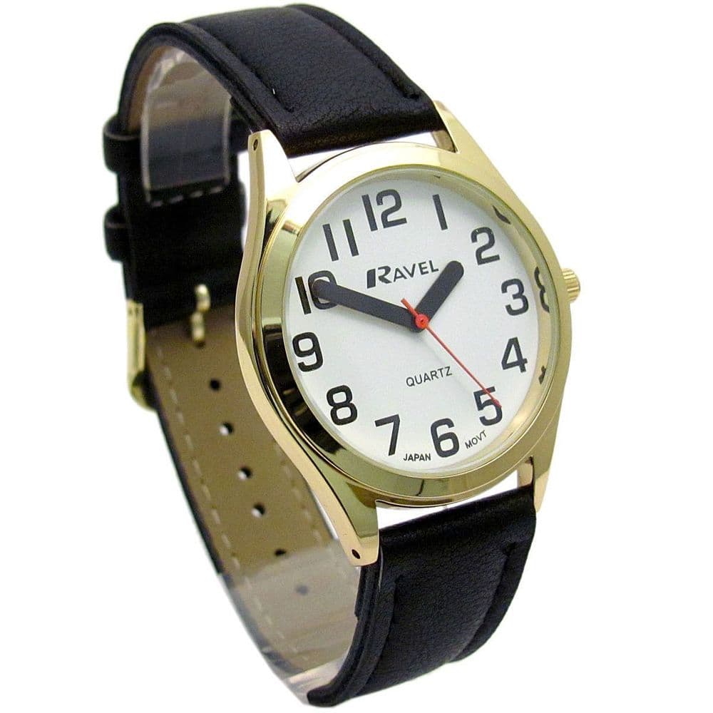 Ravel Mens SuperClear Easy Read Quartz Watch Black Strap White Face