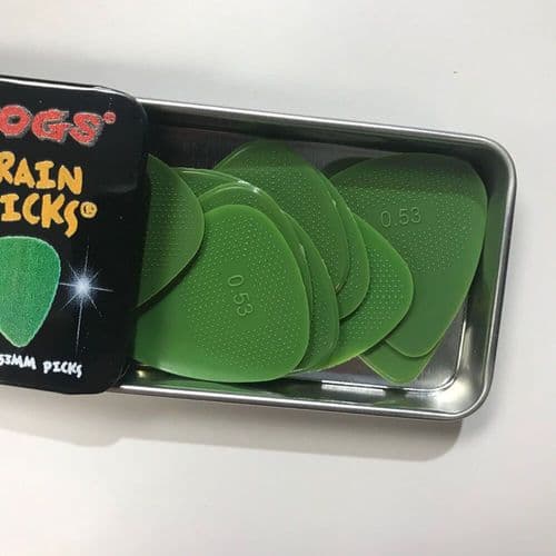 Snarling Dogs Brain Picks Set .53mm Green THIN (12 Plectrums) Supplied in Tin
