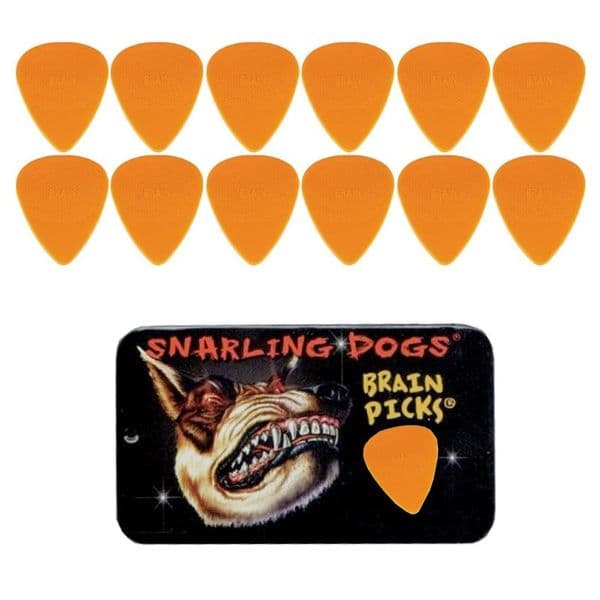 Snarling Dogs Brain Picks Set 1.14mm Orange EX/HVY (12 Plectrums) Supplied in Tin