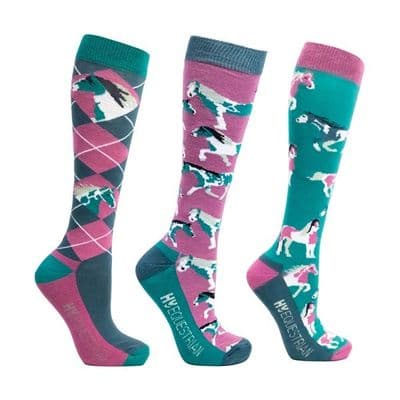 Hy Equestrian Horsing Around  Socks - Teal/Berry (Pack of 3)