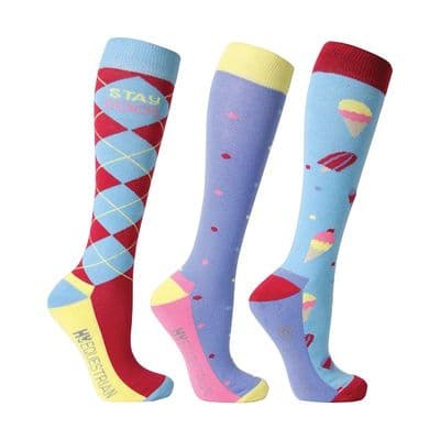 Hy Equestrian Stay Cool  Socks - Blue/Cerise (Pack of 3)