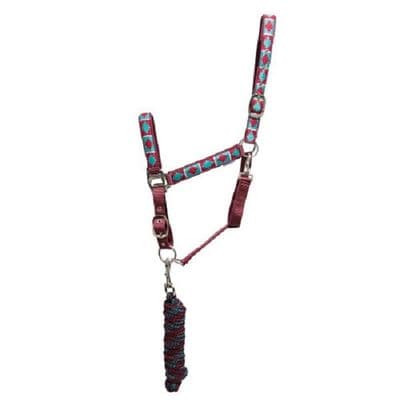 Hy Equestrian Woven Polo Head Collar and Lead Rope - Aqua/Fig