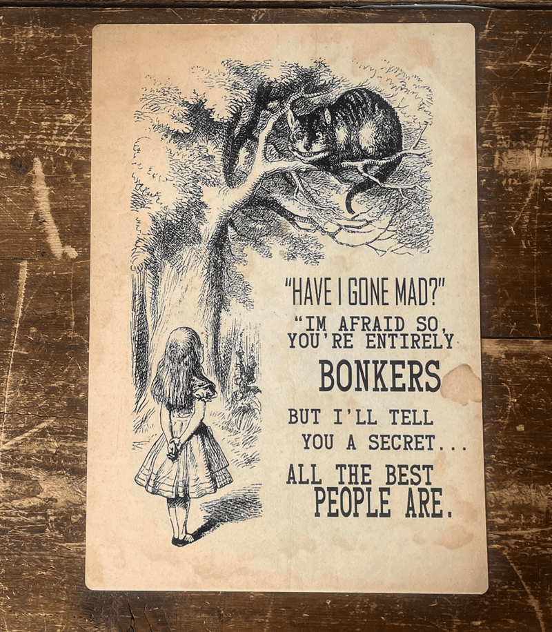 Alice in wonderland , Have I Gone Mad , Entirely Bonkers Brown - Metal Advertising Wall Sign