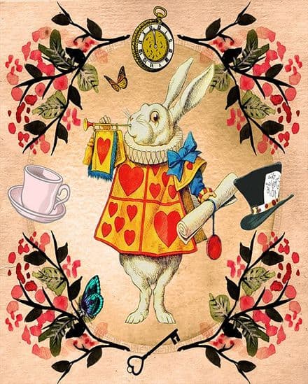 Alice in wonderland, White Rabbit with flowers - Metal Advertising Wall Sign