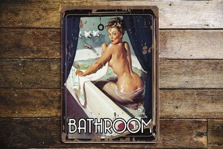 Bathroom Door Sign Personalised With Any Name / Text Pin Up Girl In Bath through window Metal Sign