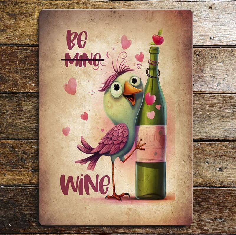 Be Mine- WINE funny humour green lovebird Metal Wall Sign
