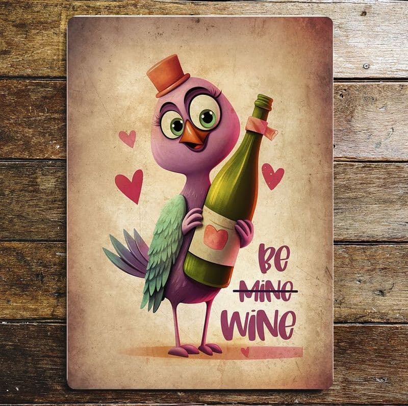 Be Mine- WINE funny humour lovebird holding bottle  Metal Wall Sign