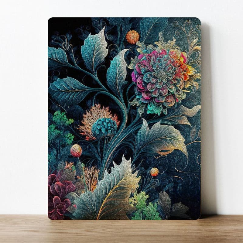 bold floral pattern blue and multi  flowers and leaves Metal Wall Sign