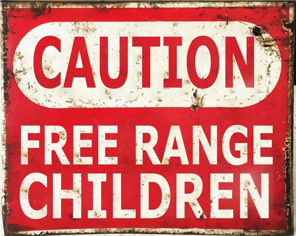 Targa In Metallo 'Slow Free Range Kids & Chickens At Play' – Decorazione Rustica Per Casa, Cucina O Giardino, 20x30 Cm