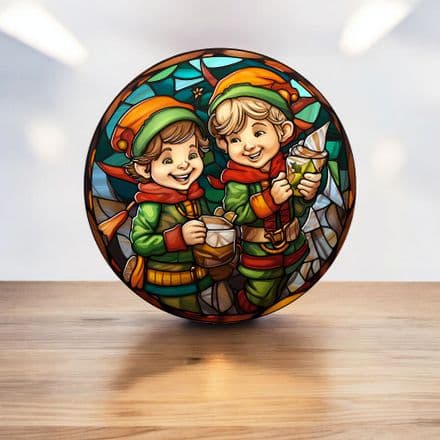 Christmas stainglass effect elves circle - Metal Street Sign Wall Sign