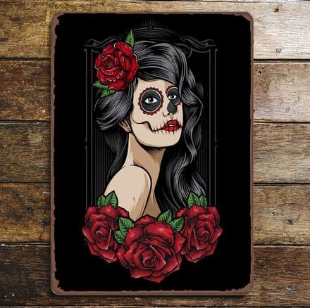 day of the dead lady skull roses Metal Advertising Wall Sign