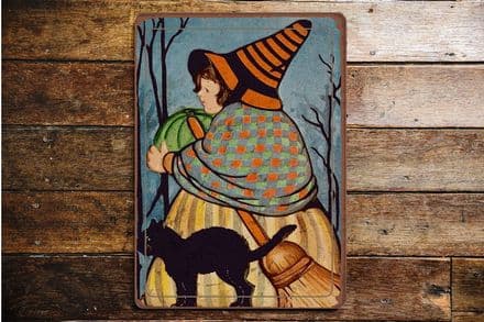 Halloween Witch Black cat - Metal Vintage Wall Sign