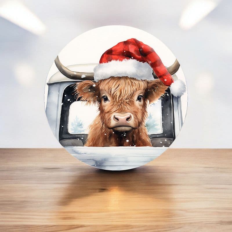 Highland cow back of van wearing a santa hat  circle - Metal Street Sign Wall Sign