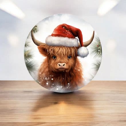 Highland cow in santa hat snowy festive circle - Metal Street Sign Wall Sign (1)
