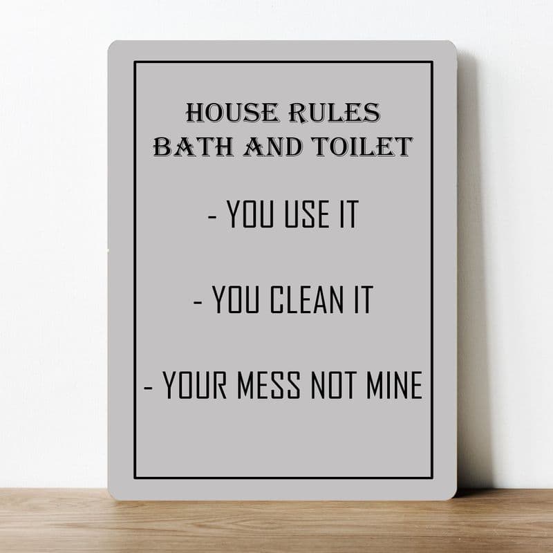 house rules, bath and toilet , quirky decor, bold typography  information Metal Wall Sign