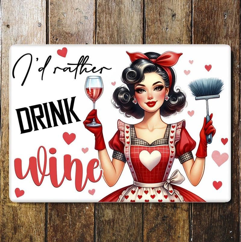 id rather drink wine funny humour  housewife Metal Wall Sign