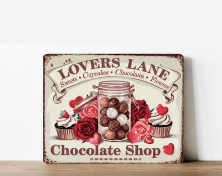 Lovers Lane Chocolate Shop Metal Wall Sign