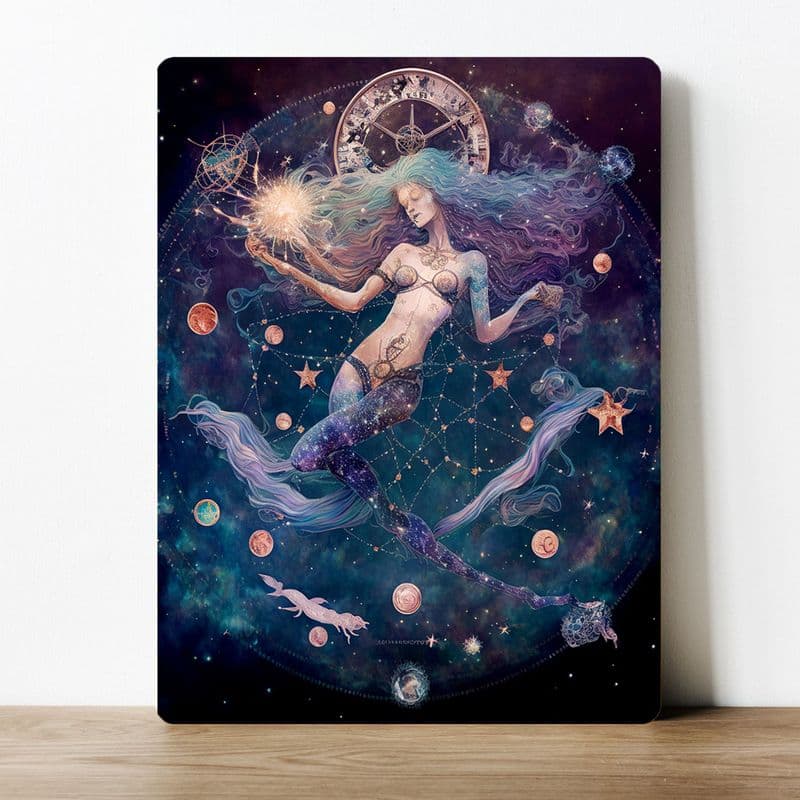 Mythical  Style Starlight floating Mermaid and Fish  Metal Wall Sign