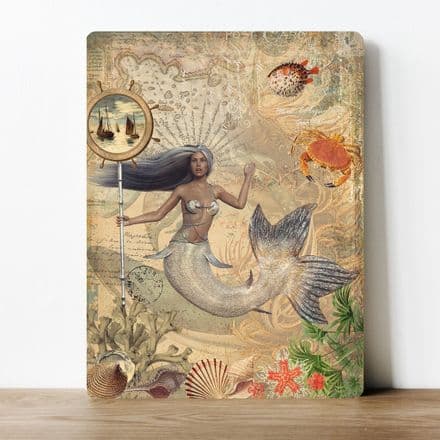 Old Style Mermaid with Staff and Fish  Metal Wall Sign