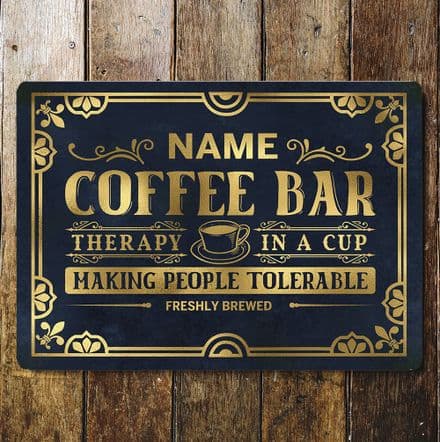 Personlised Name Coffee Bar Therapy In A Cup Cafe - Metal Vintage Wall Sign