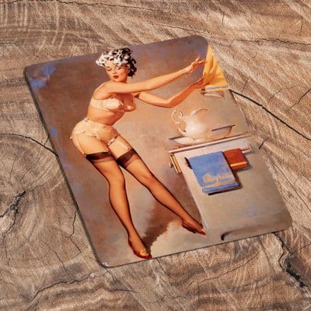Pin Up Girl In Bathroom - Metal Plaque Art Wall Sign